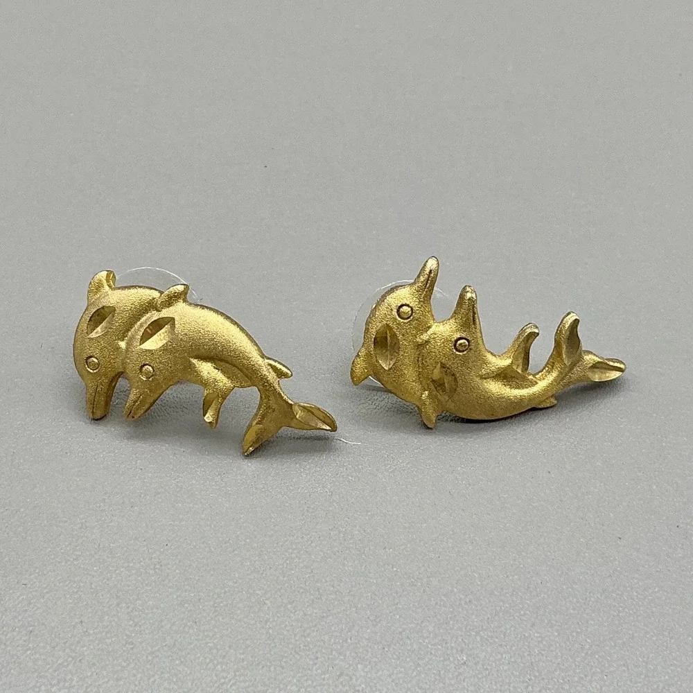 Earrings Women Gold Tone Double Dolphin Nautical Animal Pierced Studs 1 Inch